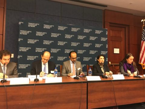 11.13 event 2nd panel L-R: Daniel Benaim, Senior Fellow, Center for American Progress, Mohamad Jawad Al Quraishy, Deputy Chief of Mission, Embassy of Iraq, Bilal Wahab, Senior Fellow, The Washington Institute, Bayan Sami Abdul Rahman, KRG Representative in the United States, Amy Austin Holmes, Fellow, Wilson Center